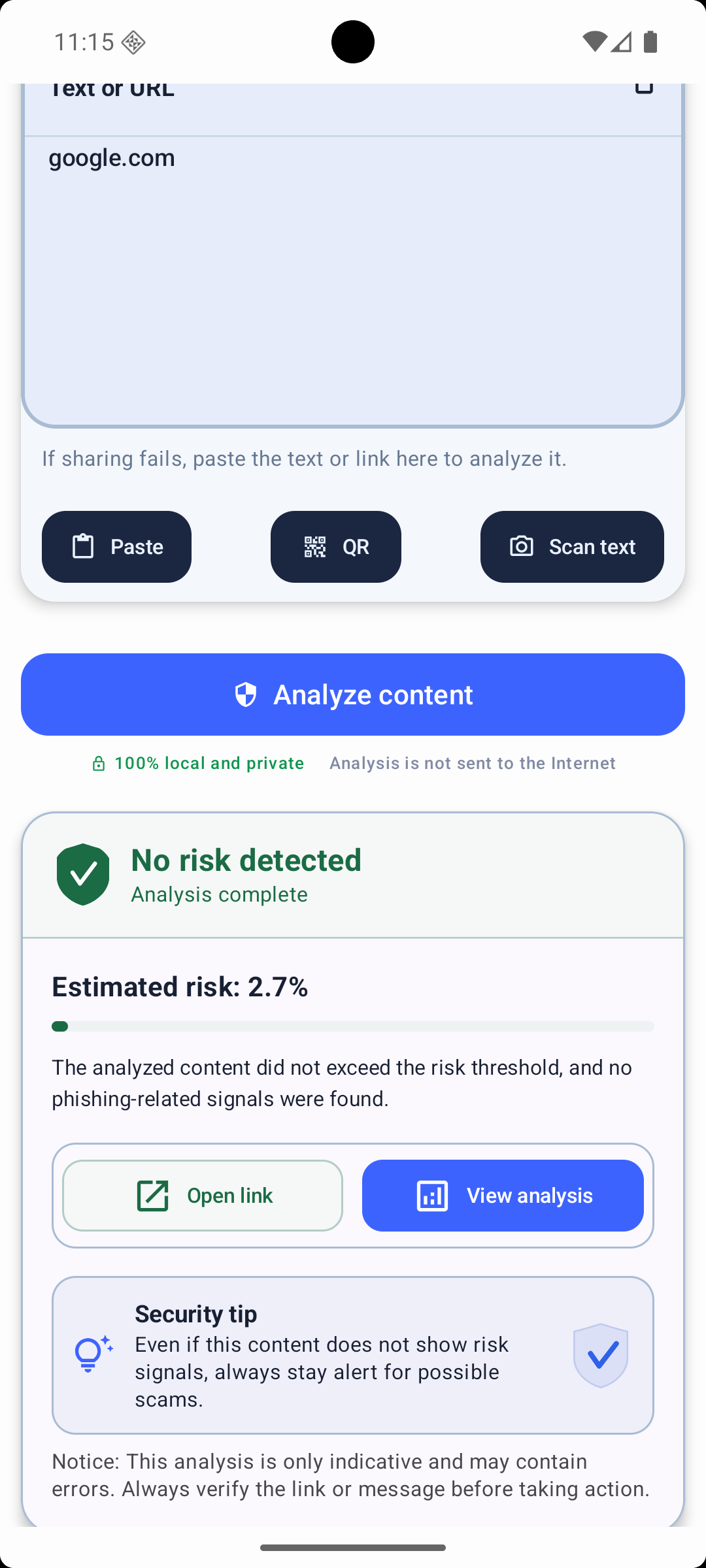 Safe EdgePhishGuard result with low estimated risk