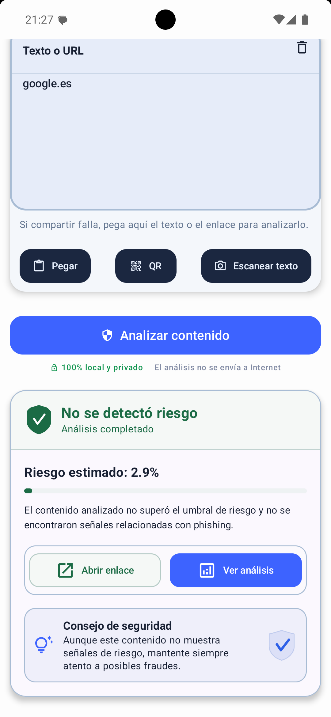 Resultado seguro de EdgePhishGuard con riesgo estimado bajo