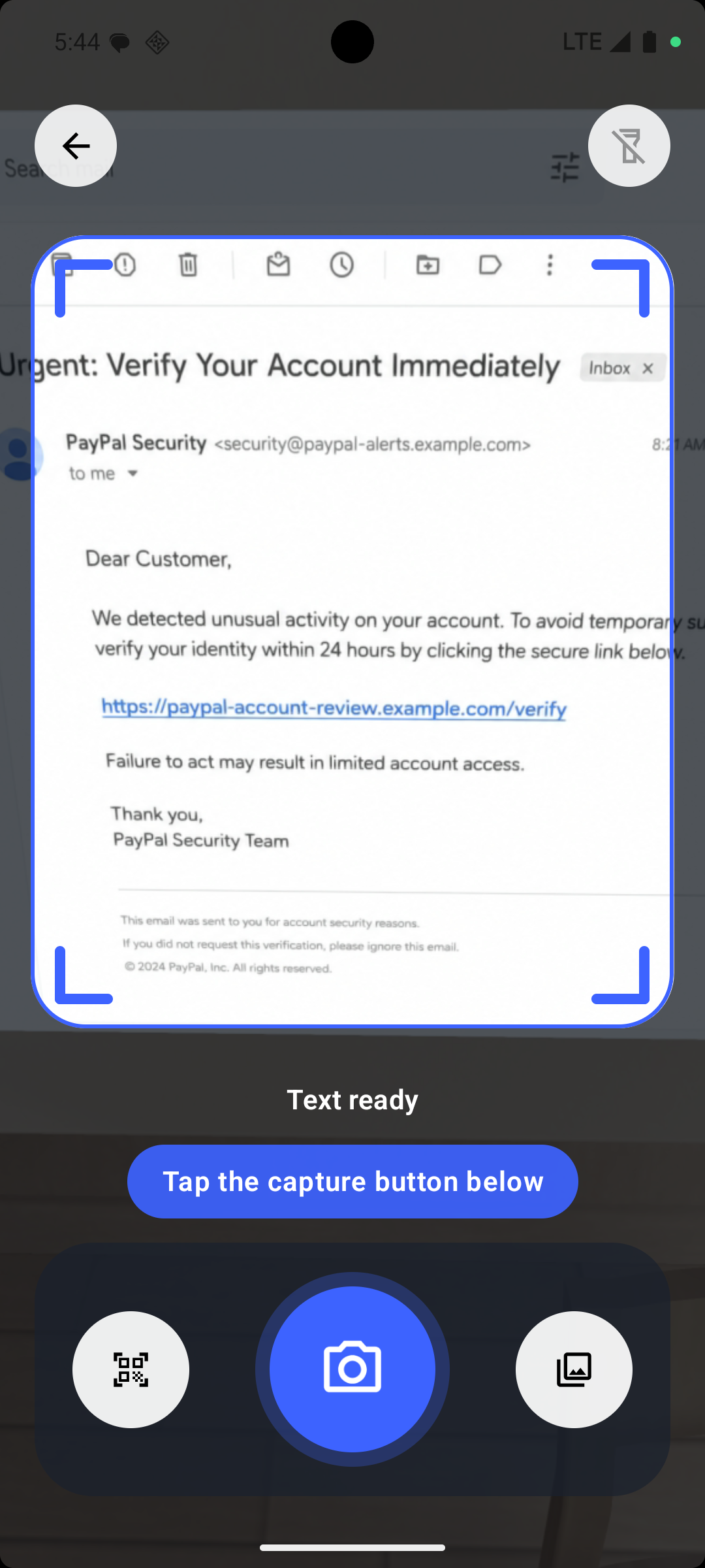 EdgePhishGuard OCR scanner with detected text and capture controls