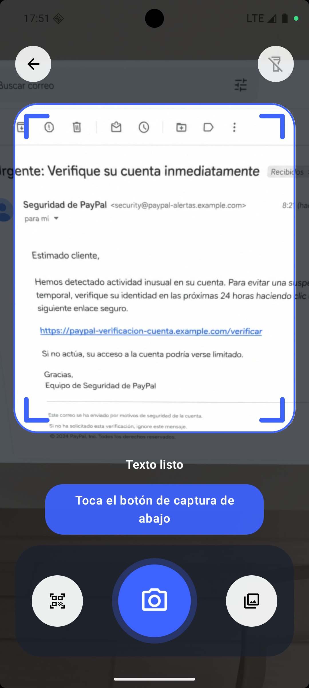 Escáner OCR de EdgePhishGuard con texto detectado y controles de captura