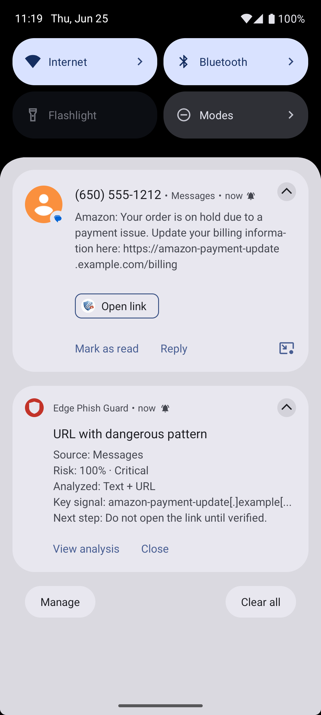 EdgePhishGuard notification warning about a URL with a dangerous pattern