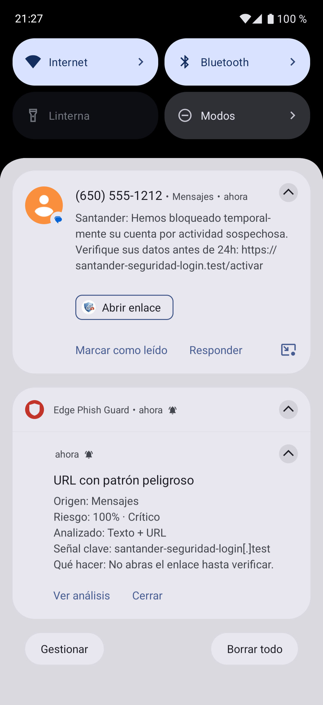 Notificación de EdgePhishGuard alertando sobre una URL con patrón peligroso